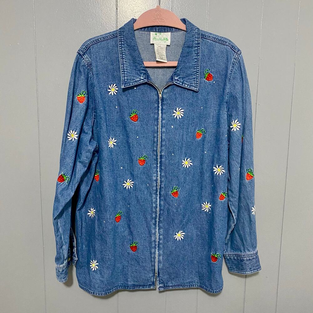 The Quacker Factory Vintage Strawberry Embroidered Denim Full Zip Jacket XL